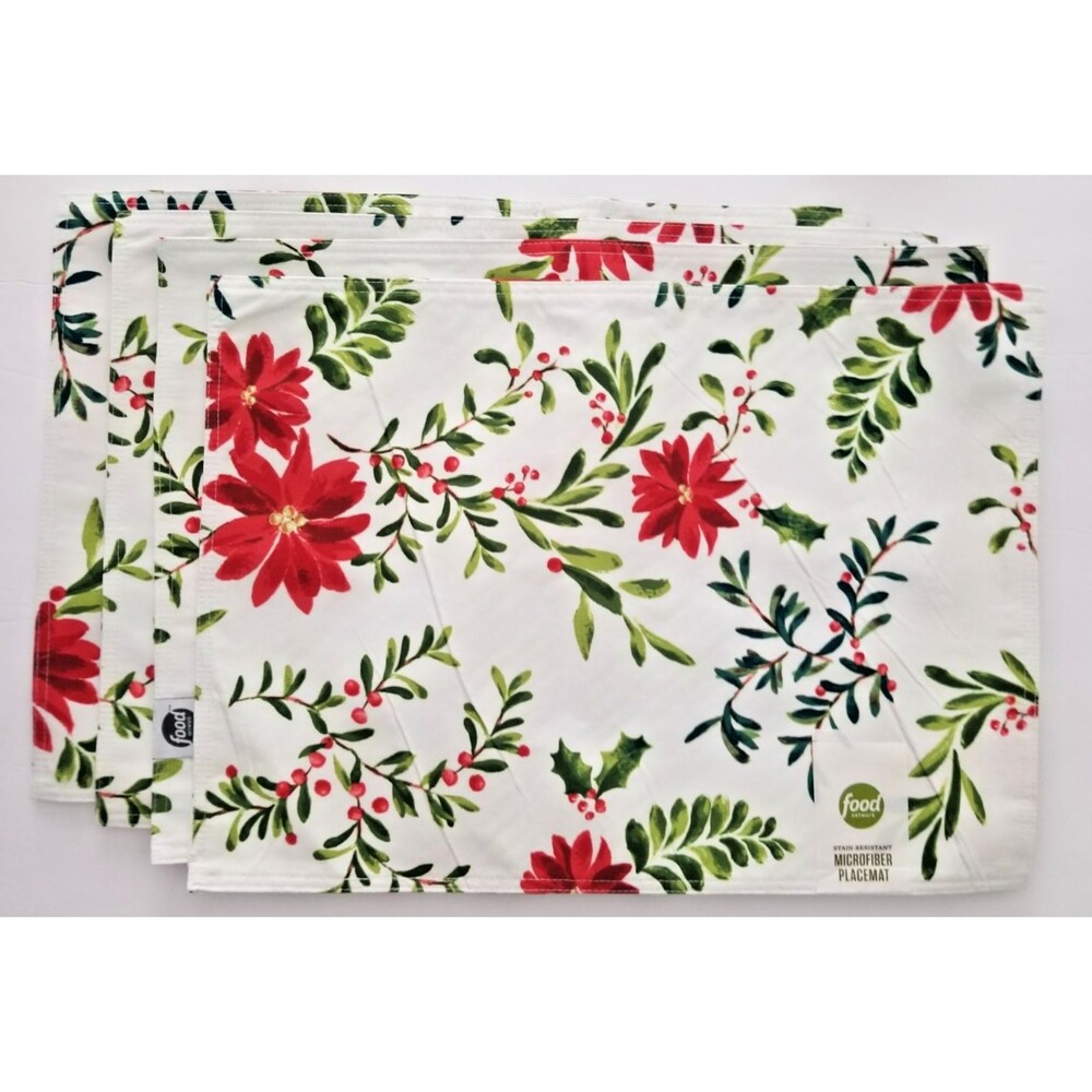 Food Network Placemats Stain-Resistant Holiday Poinsettias Set of 4 New Tags